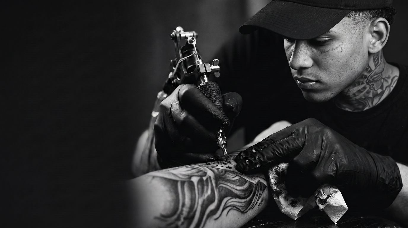 Tatuador de boné preto e luvas pretas, concentrado, tatuando um antebraço em preto e cinza