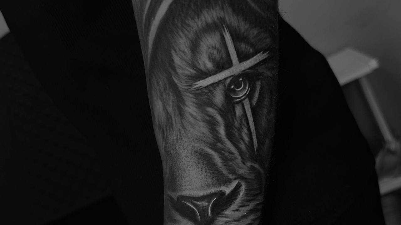 Leão com uma cruz sobre o olho, tatuado em realismo preto e cinza no antebraço