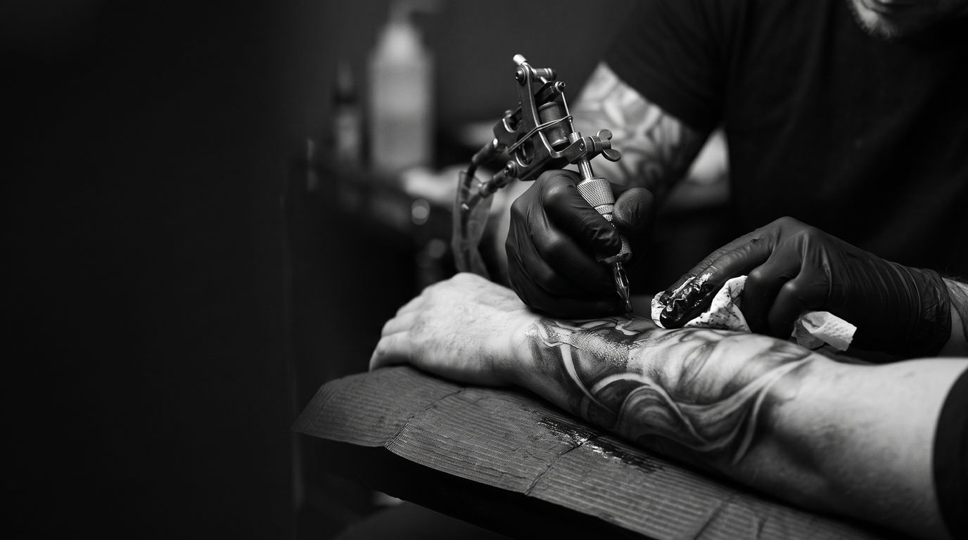 Tatuador de luvas pretas fazendo uma tatuagem de realismo preto e cinza no antebraço de um cliente